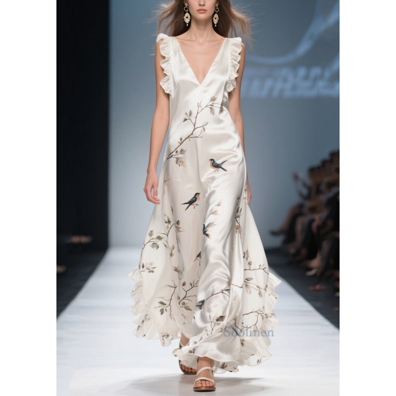 White Print Draping Silk Vacation Dresses Ruffled Summer