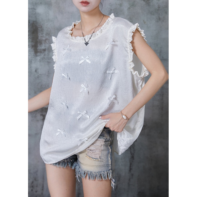 White Silk Tanks Ruffled Bow Sleeveless
