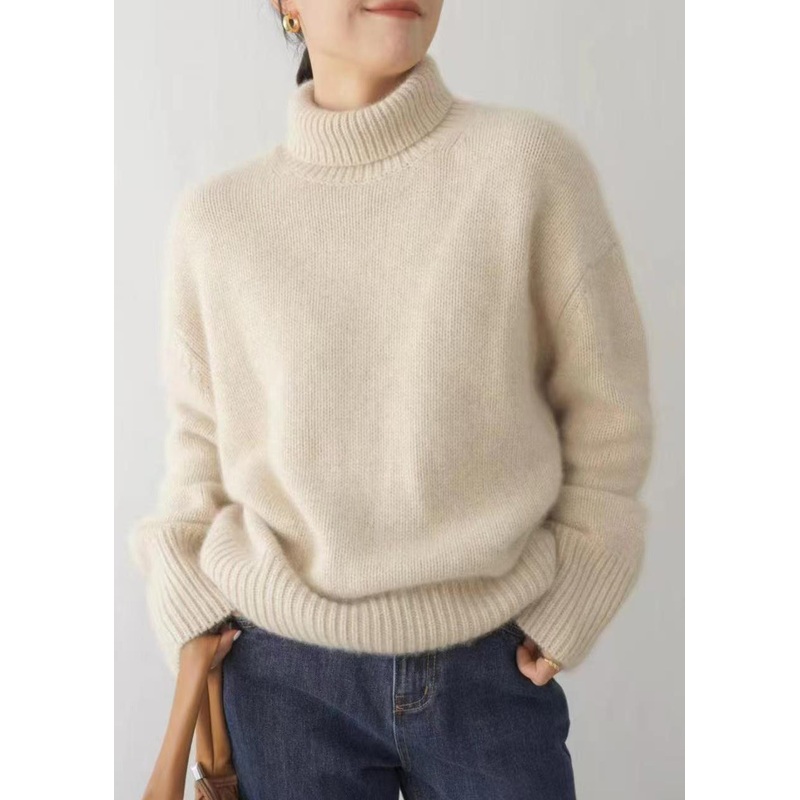 Women Beige Turtleneck Solid Knit Sweater Winter