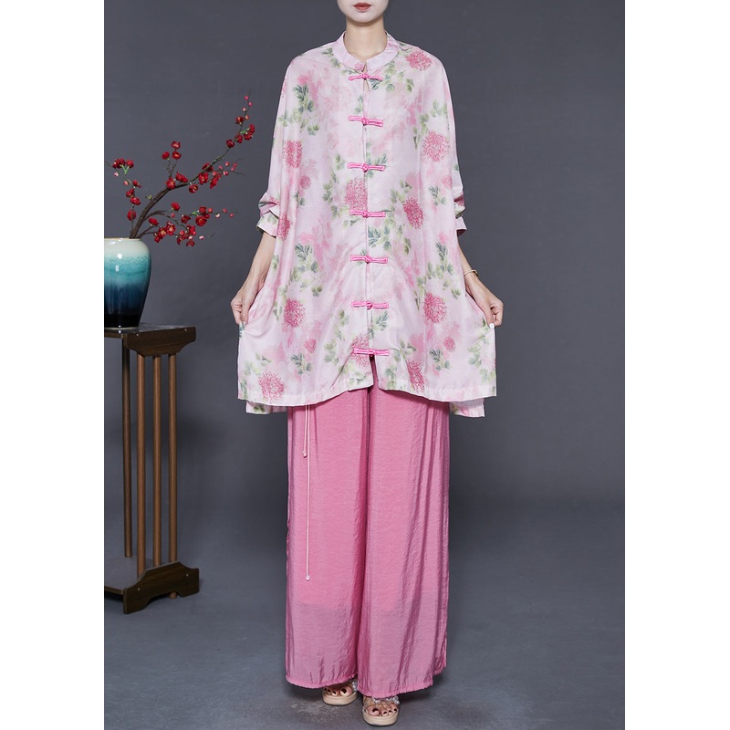 Women Pink Oversized Chinese Button Cotton Two-Piece Set Spring