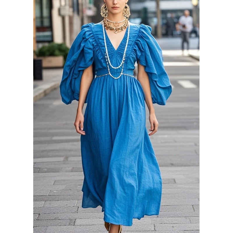 Women Royal Blue V Neck Wrinkled Cotton Dress Butterfly Sleeve