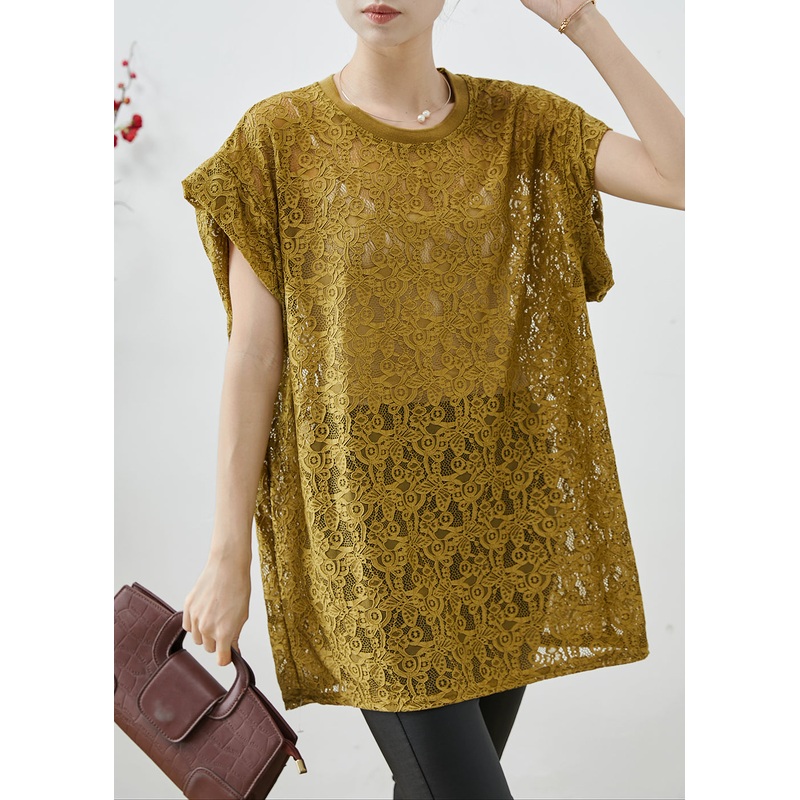 Yellow Hollow Out Lace Tank Oversized Summer