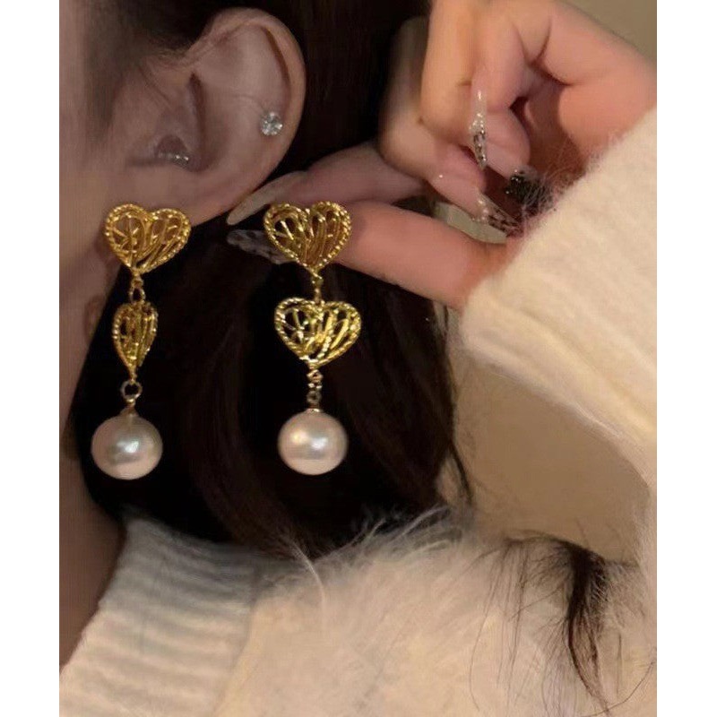 2025 New Gold Copper Alloy Hollow Out Love Pearl Drop Earrings