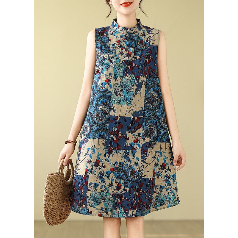 Art Blue Mandarin Collar Print Cotton Mid Dress Sleeveless