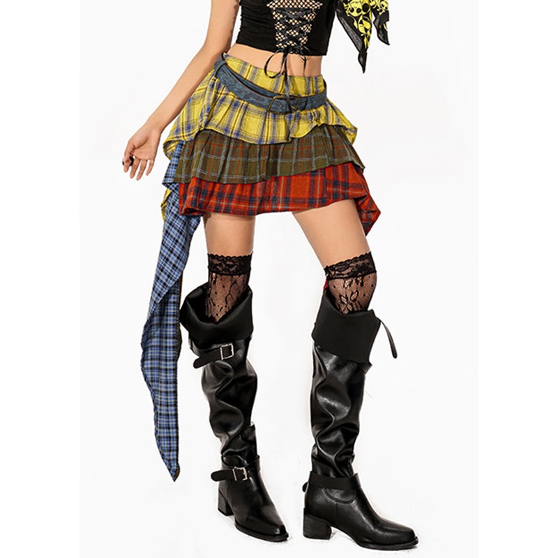 Art Colorblock Asymmetrical Plaid Maxi Skirts Summer