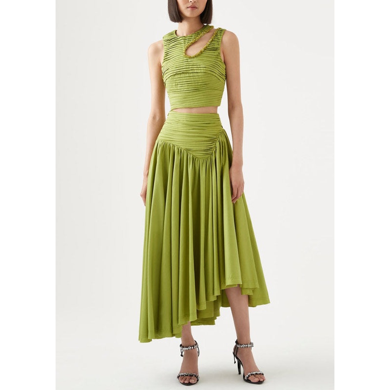 Art Green Wrinkled Hollow Out Cotton Two Piece Set Sleeveless