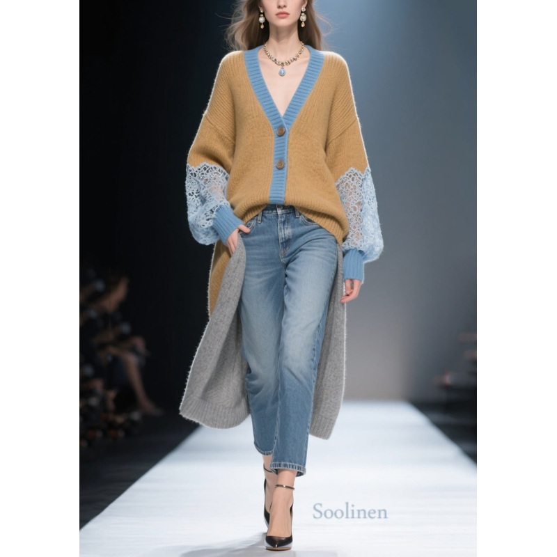 Beautiful Brown Low High Design Patchwork Lace Knit Cardigans Winter