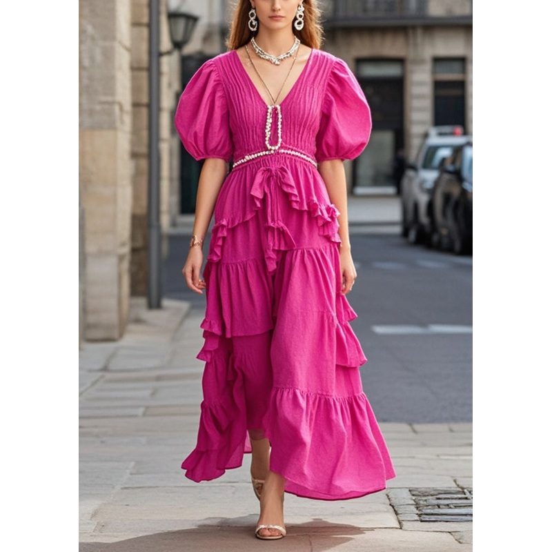 Beautiful Rose Puff Sleeve Wrinkled Cotton Long Dresses