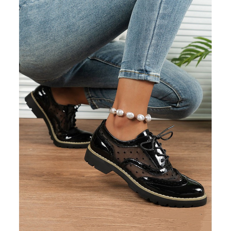 Black Flat Feet Shoes Faux Leather Casual Splicing