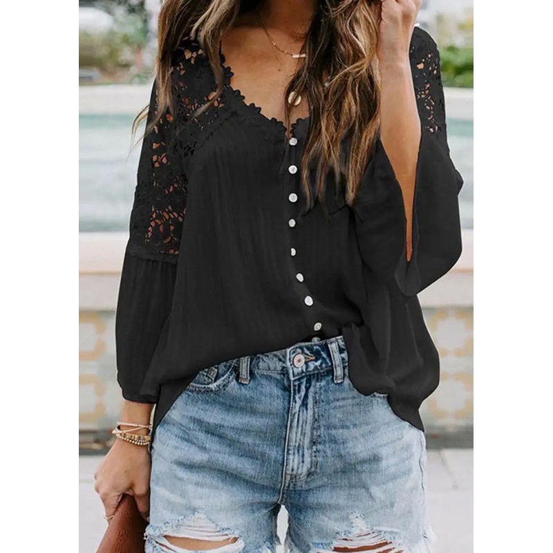 Black Hollow Out Solid Tops V Neck Fall