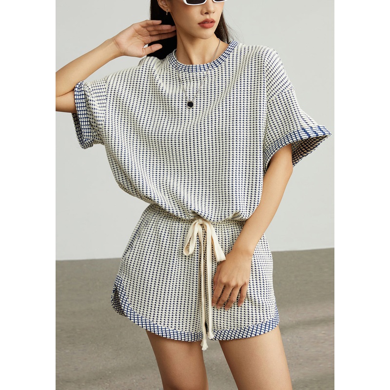 Blue Plaid Cotton Tanks And Shorts Two Piece Set Oversized Summer