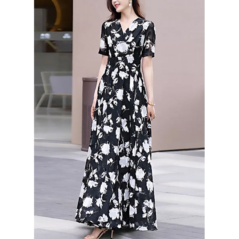 Boho Black V Neck Print Chiffon Long Dress Summer