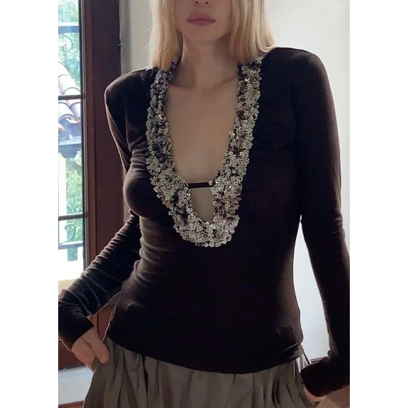 Boho Coffee U Neck Sequins Silk Top Spring