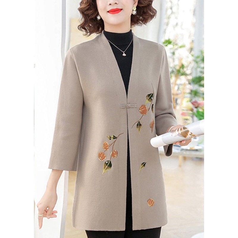 Camel Button Cotton Knit Coats V Neck Spring