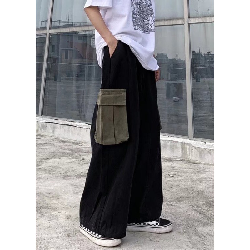 Casual Black Pockets Patchwork Cotton Men Wide Leg Pants Summer