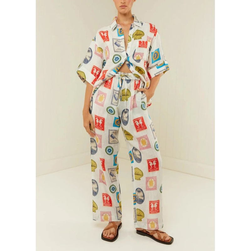 Casual Peter Pan Collar Print Tops And Pants Two Piece Set Outfits Summer