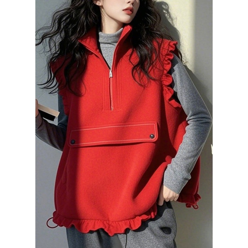 Casual Red Ruffled Zippered Patchwork Cotton Vest Top Sleeveless