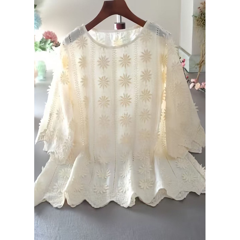 Chic Apricot Embroidered Hollow Out Cotton Top Half Sleeve