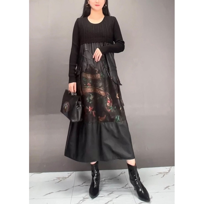Chic Black Print Patchwork Wrinkled Maxi Dress Spring