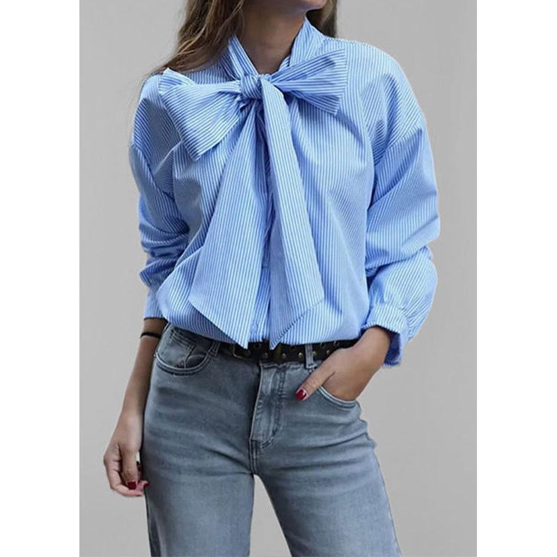 Chic Blue Bow Lace Up Striped Cotton Blouses Summer