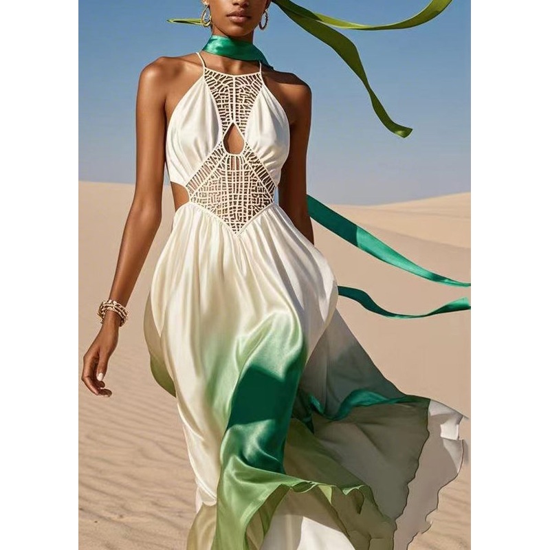 Chic Colorblock Asymmetrical Hollow Out Cold Shoulder Silk Maxi Dress Summer