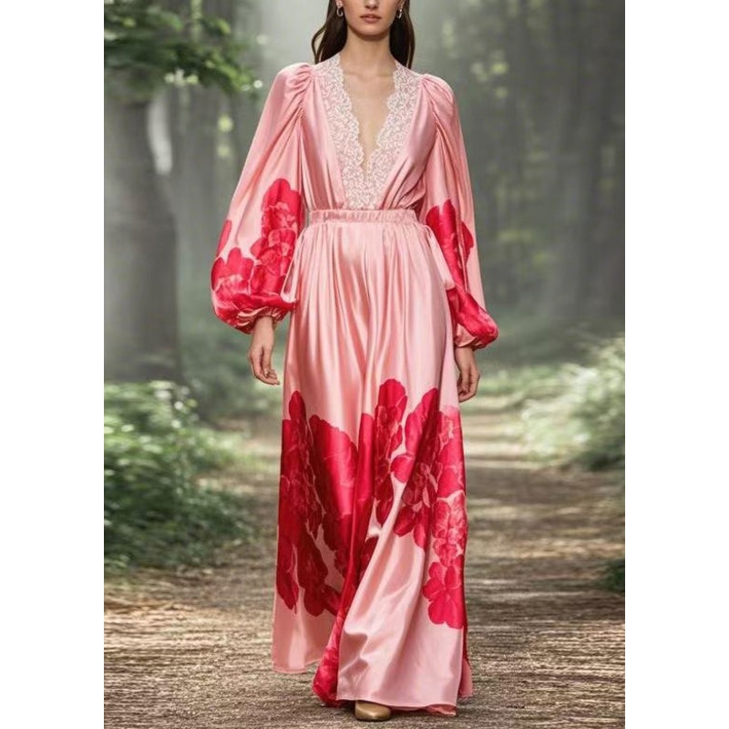 Classy V Neck Print Lace Patchwork Silk Long Dresses Spring