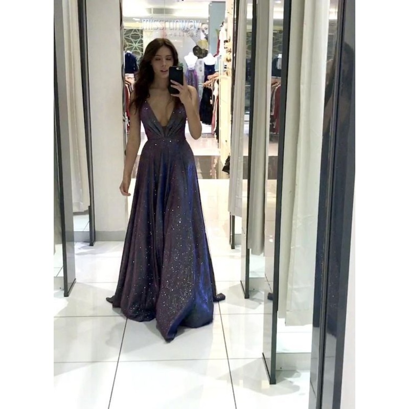 Deep A Line V Neck Purple Shiny Long Prom Dress With Slit J2609
