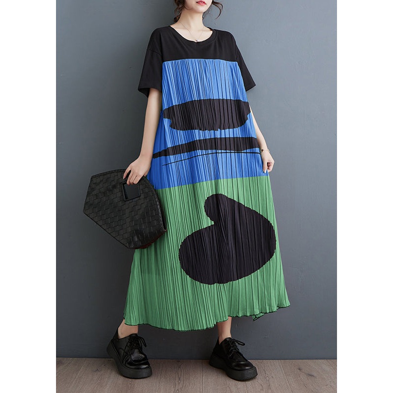 DIY Blue Oversized Patchwork Print Cotton Maxi Dress Summer