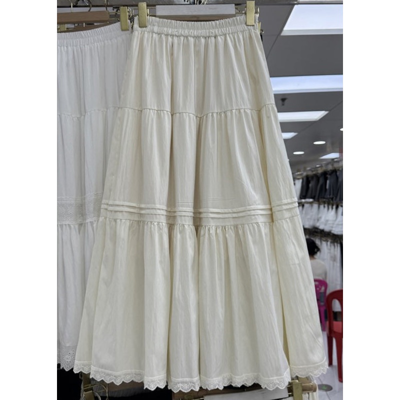 Elegant Apricot Lace Elastic Waist Patchwork Cotton Skirts Summer