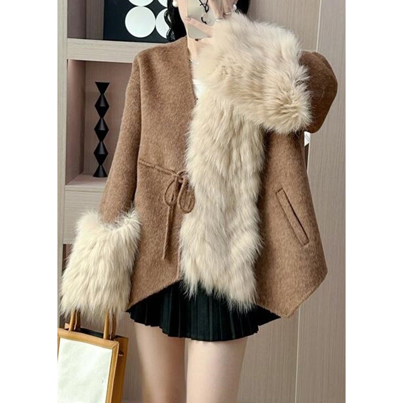 Elegant Caramel Fox Collar Patchwork Tie Waist Woolen Coats Spring
