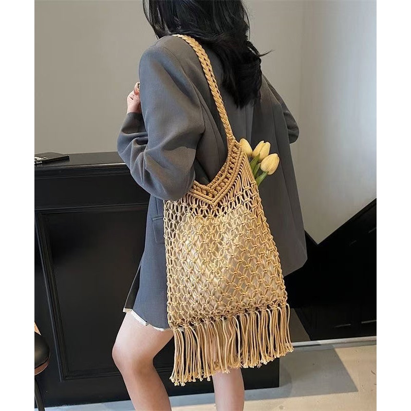 Elegant Khaki Tasseled Hollow Out Knit Shoulder Bags