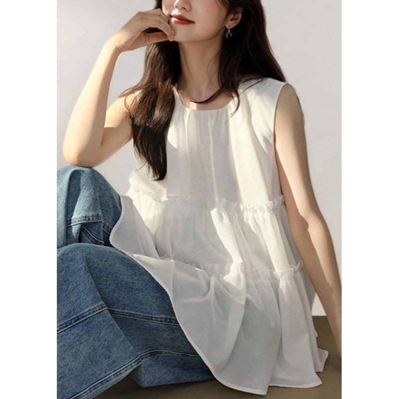 Elegant White O-Neck Ruffled Cotton Tanks Sleeveless