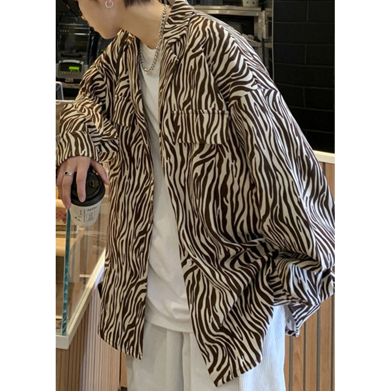 Fashion Coffee Zebra Pattern Peter Pan Collar Cotton Men Shirts Spring