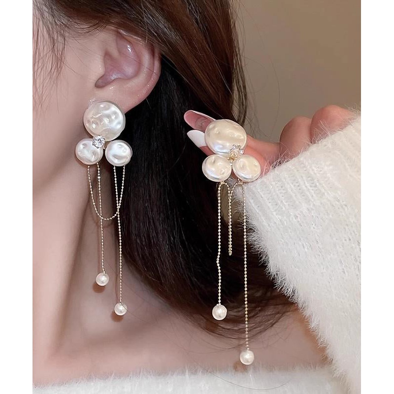 Fashion Gold Alloy Zircon Pearl Floral Tassel Drop Earrings