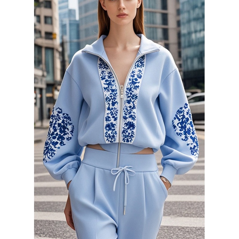 Fine Baby Blue Zip Up Patchwork Cotton Coat Fall