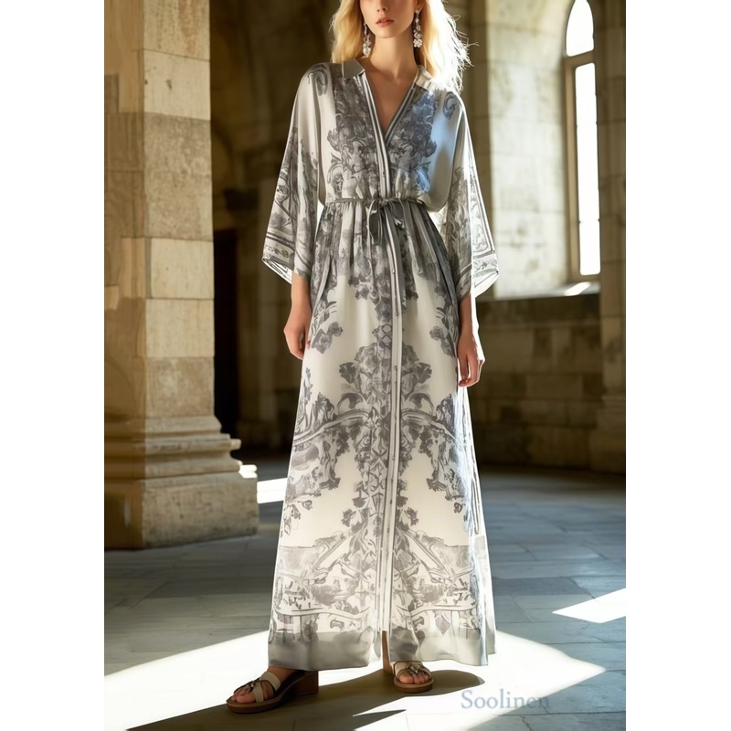 Fitted Grey Print Draping Silk Tunic Dresses Spring