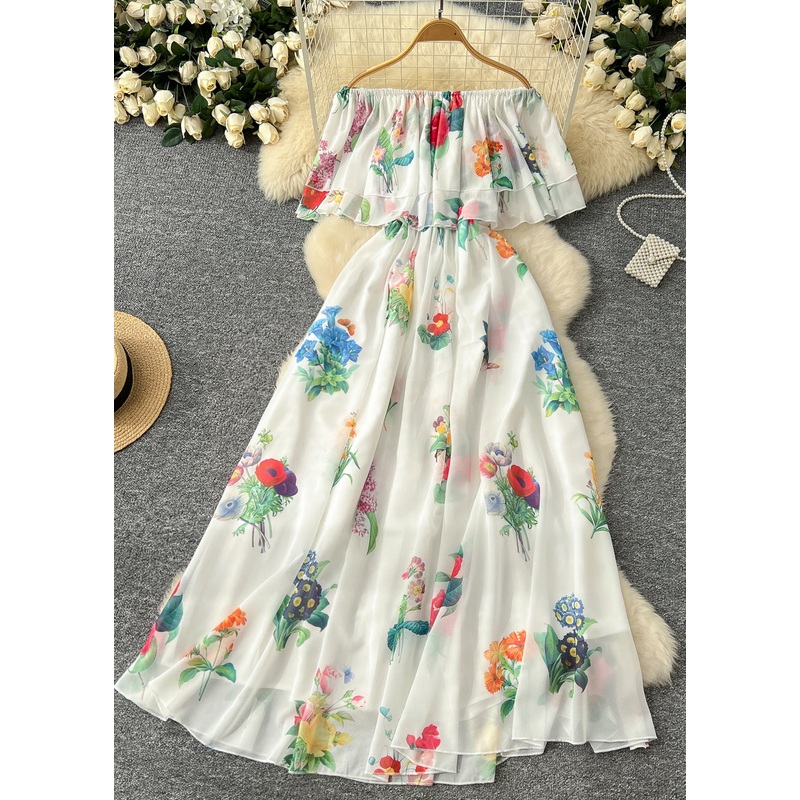Fitted White Slash Neck Print Chiffon Long Dress Summer