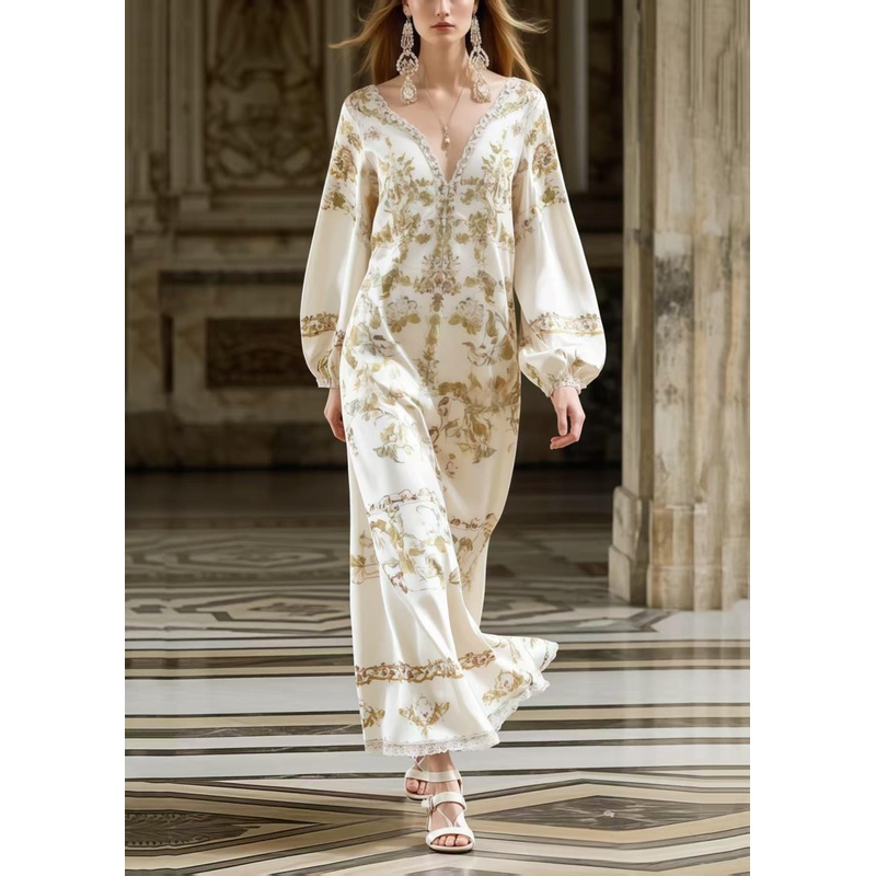 Fitted White V Neck Print Silk Ankle Dress Spring