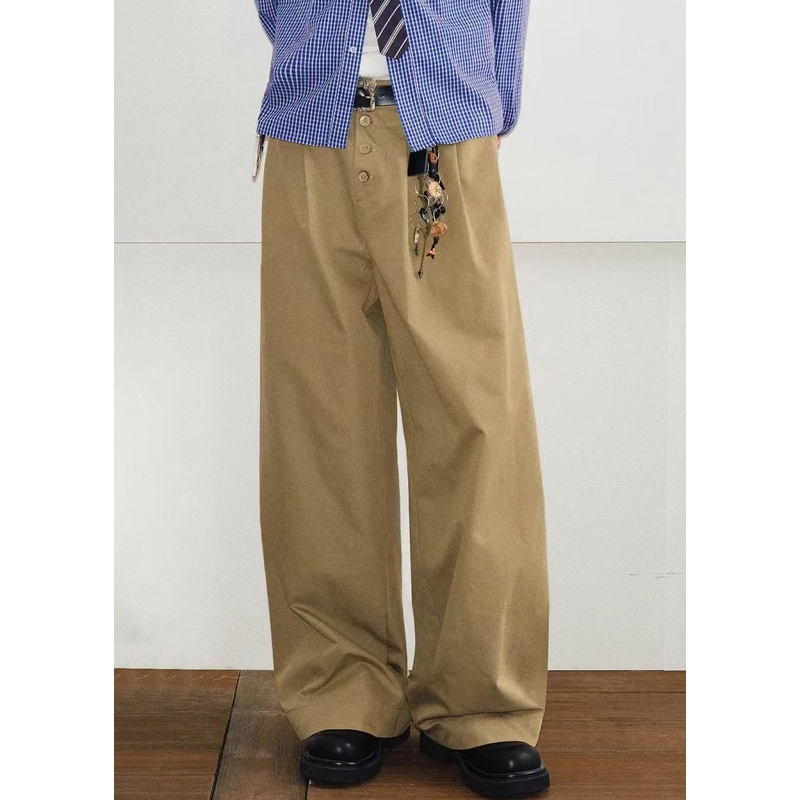 French Khaki Button Pockets Solid Cotton Mens Pants Summer