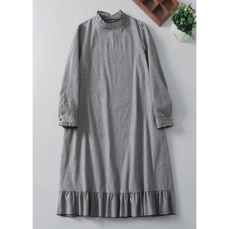French Plaid Ruffled Pockets Cotton Dress Spring