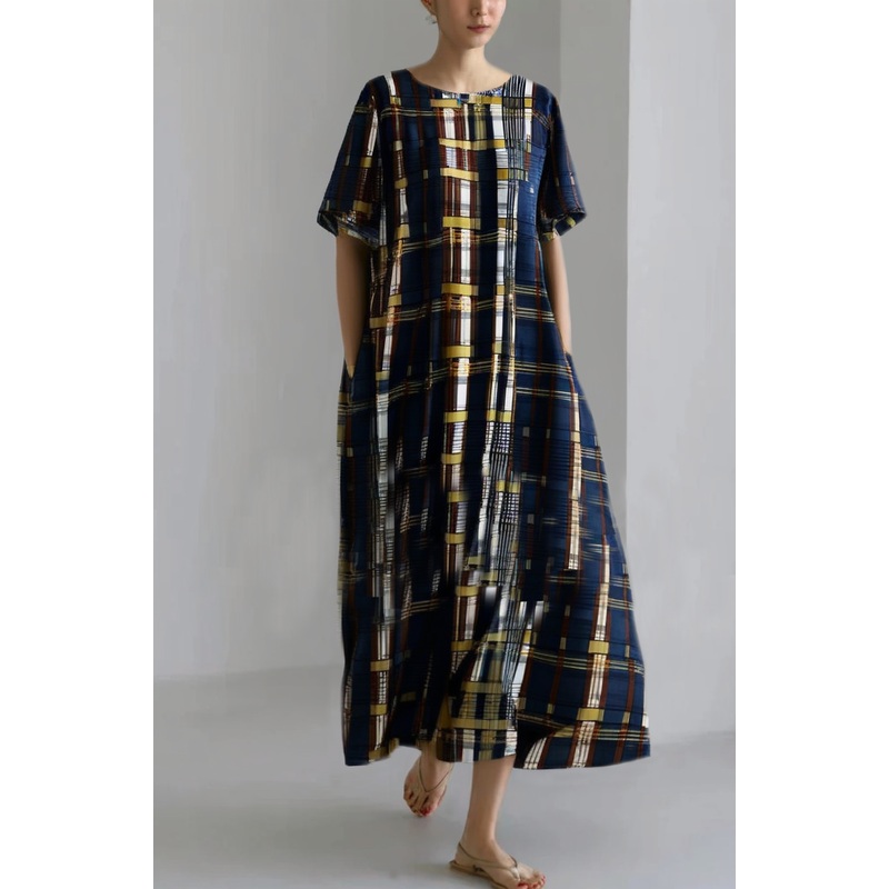 Grace O Neck Tunic Dress Lnspiration Blue Plaid Maxi Dress