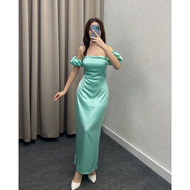Green Blue Sheath Satin Evening Gowns Long Prom Dresses J6150