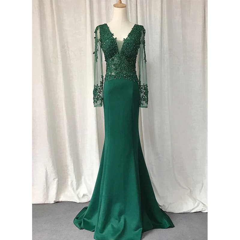 Green Mermaid Long Sleeves Lace Evening Dress Applique Party Dress  J4294