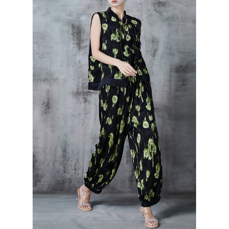 Green Patchwork Silk Women Sets 2 Pieces Tasseled Chinese Button Summer