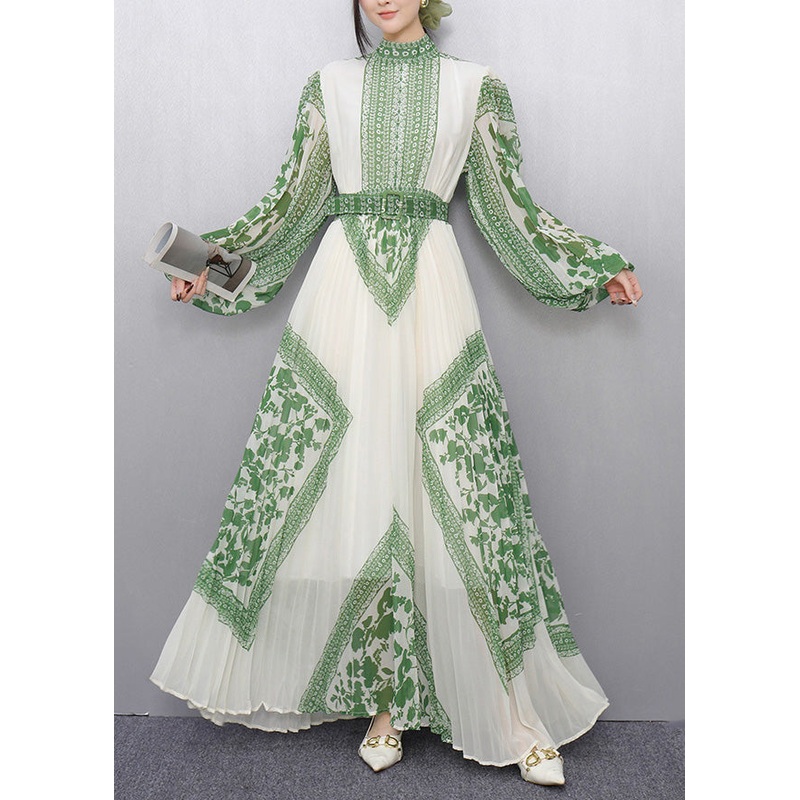 Green Print Chiffon Vestidos Dress Cinched Wrinkled Summer