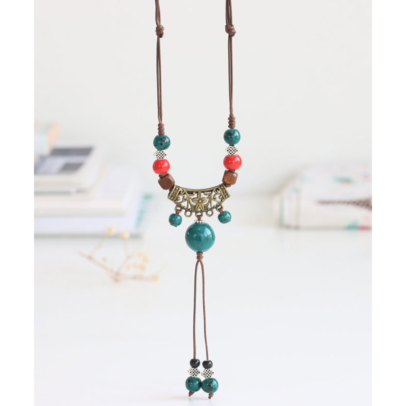 Handmade Bronze Coppery Woven Ceramics Hollow Out Tassel Pendant Necklace