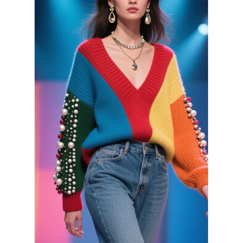 Handmade Colorblock V Neck Nail Bead Patchwork Knit Sweater Fall