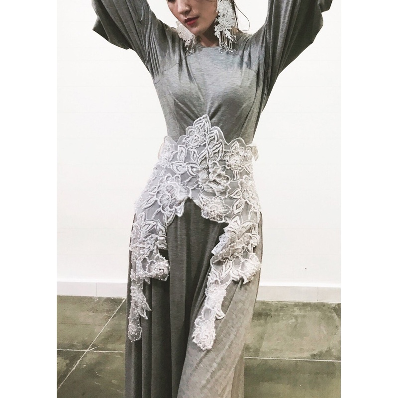 Handmade Grey Tulle Nail Bead Patchwork Cotton Long Dresses Lantern Sleeve