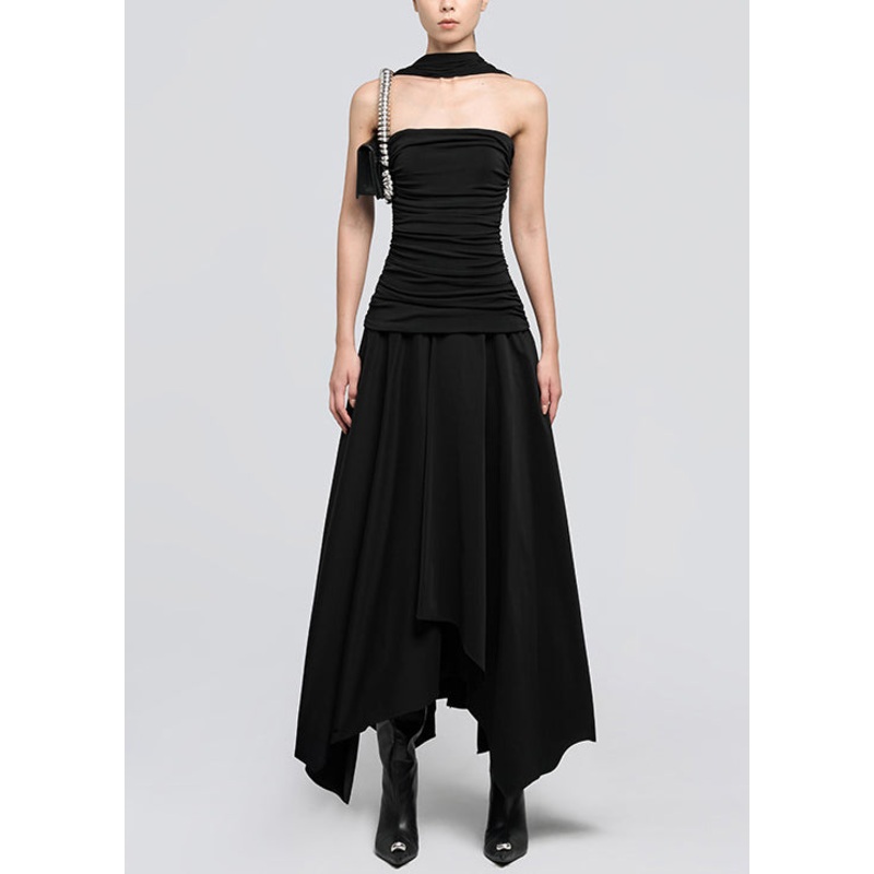 Italian Black Wrinkled Solid Cotton Long Dress Sleeveless