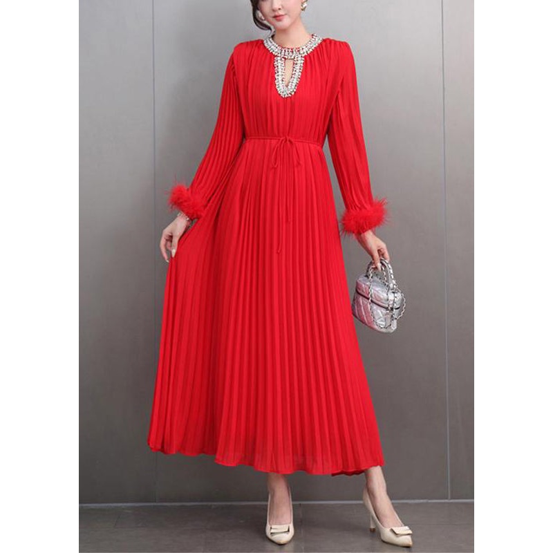 Italian Red O-Neck Wrinkled Patchwork Zircon Maxi Dresses Spring